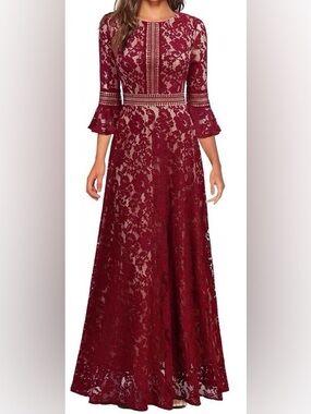 Miss may Burgundy Lace Maxi Dress with Nude Lining